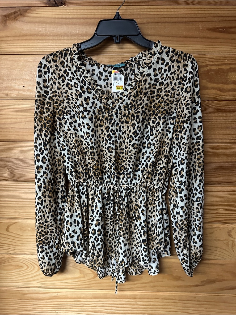 NWT April Sky Women's Leopard Print Long-Sleeve Peplum Top - Tan/Black Size S